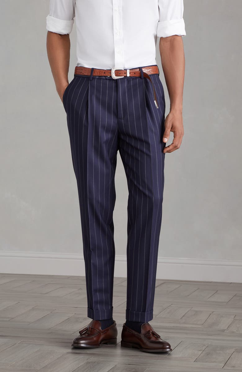 Brunello Cucinelli Leisure fit trousers in super 150s virgin wool wide chalk stripe batavia with pleat, Alternate, color, 