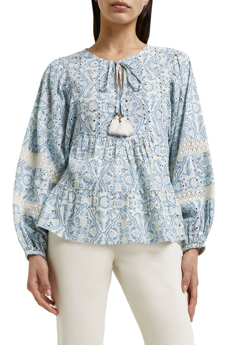 Eyelet Tie Neck Peasant Top, Main, color, BLUE LIGHT