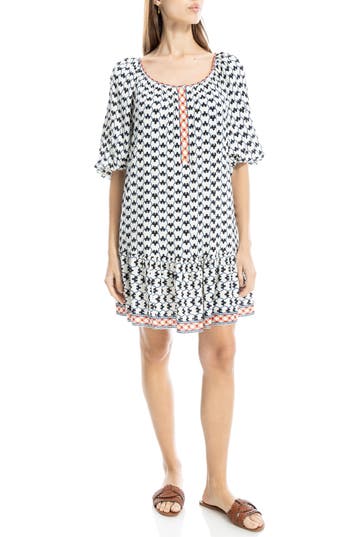 Max Studio Puff Sleeve Tunic Dress In White/harmony Dangles