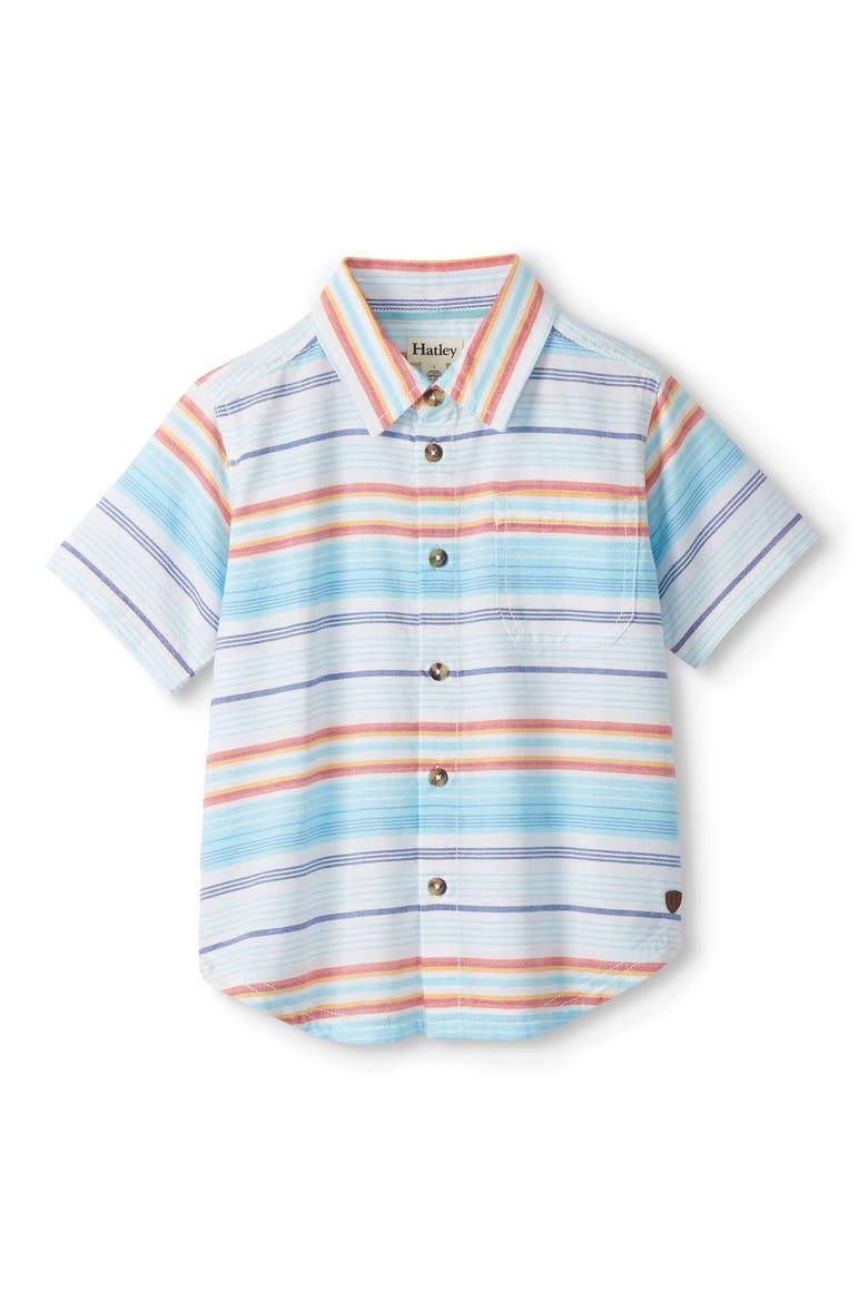 Kids' Sunset Stripes Short Sleeve Cotton Button-Up Shirt, Main, color, BLUE