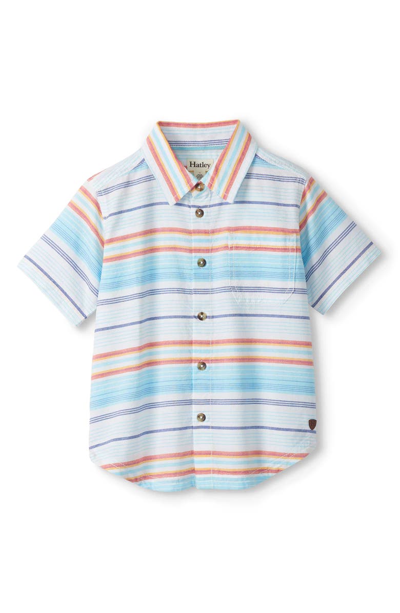 Hatley Kids' Sunset Stripes Short Sleeve Cotton Button-Up Shirt, Main, color, Blue