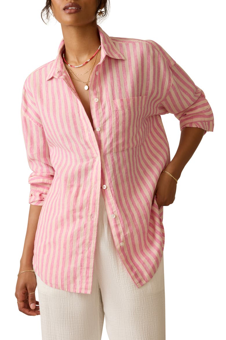 Laguna Stripe Linen Button-Up Shirt, Main, color, PINK LUCY STRIPE