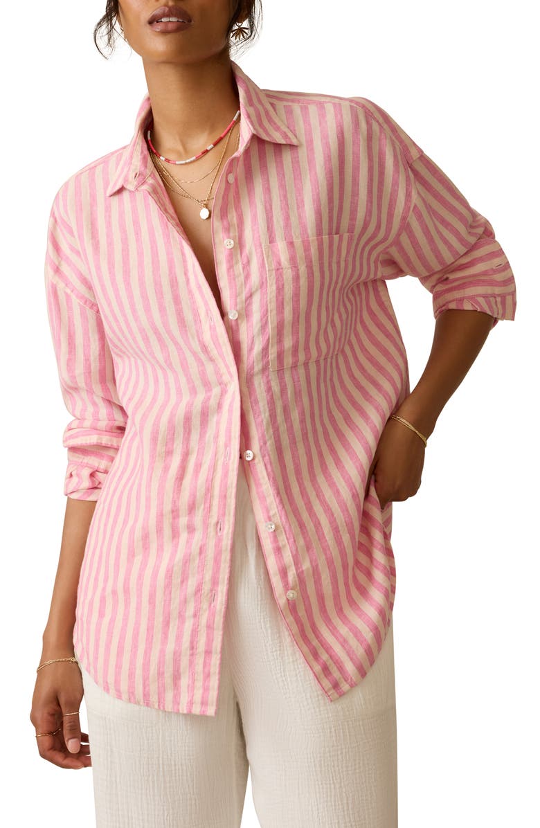 Faherty Laguna Stripe Linen Button-Up Shirt, Main, color, Pink Lucy Stripe
