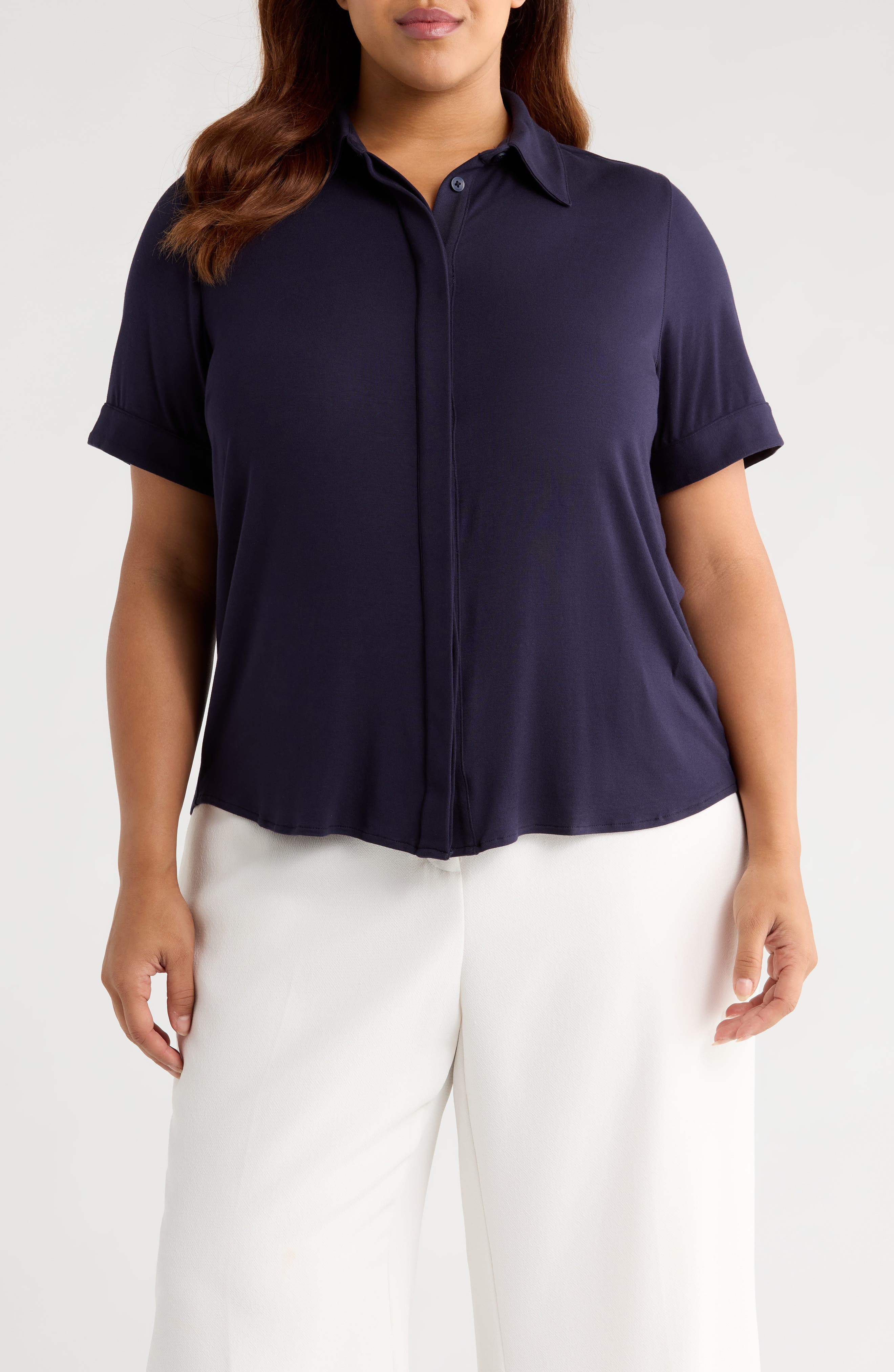 Universal Standard Chelsea Short Sleeve Jersey Button-Up Shirt