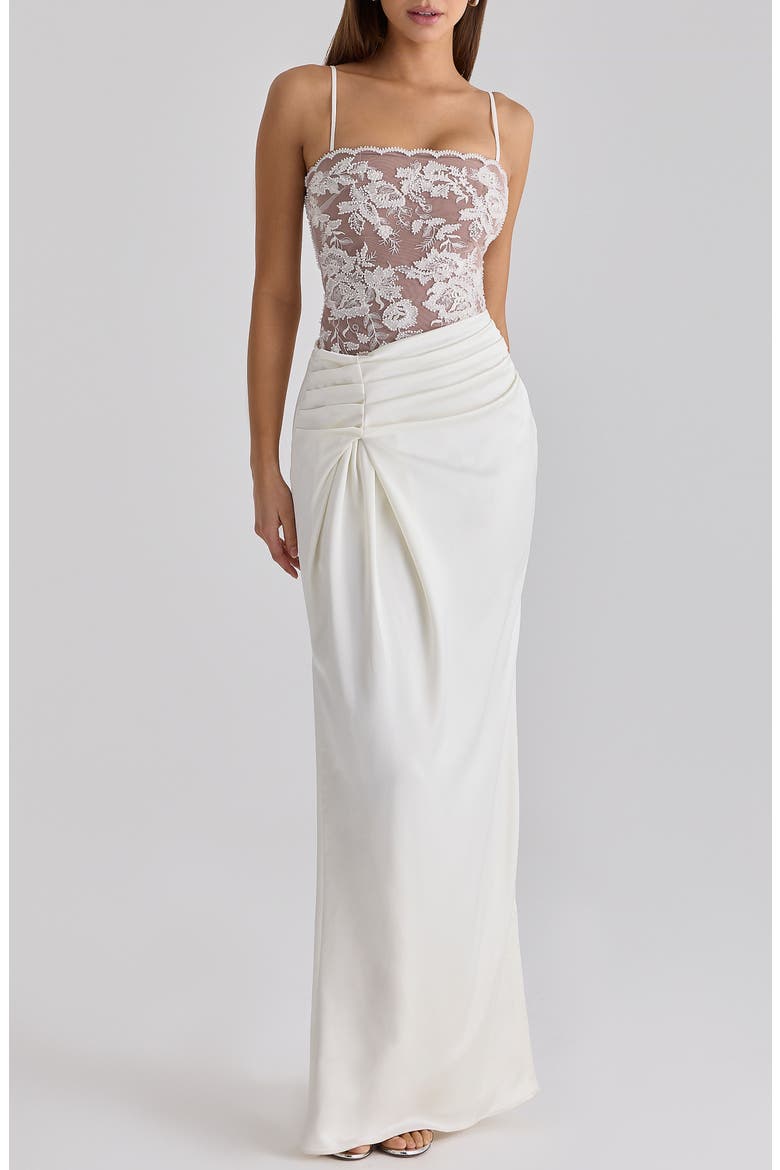 Eliette Lace & Satin Column Gown, Main, color, WHITE