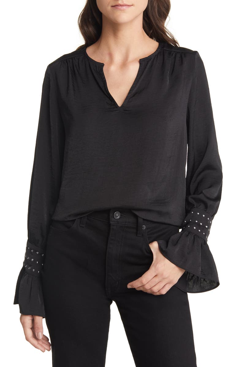 Vince Camuto Studded Cuff Split Neck Blouse, Main, color, 