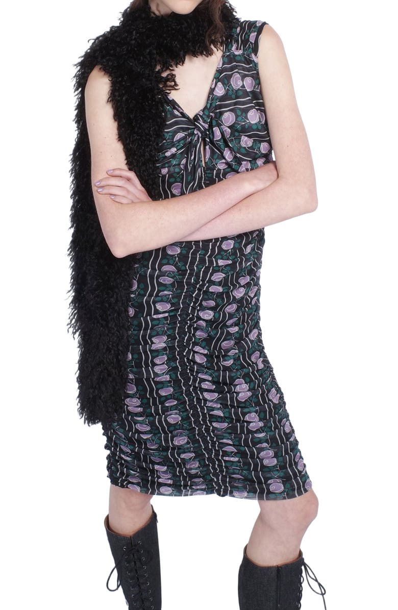 Anna Sui Rosetti Mesh Ruched Tie Dress, Alternate, color, Black/Lilac Multi