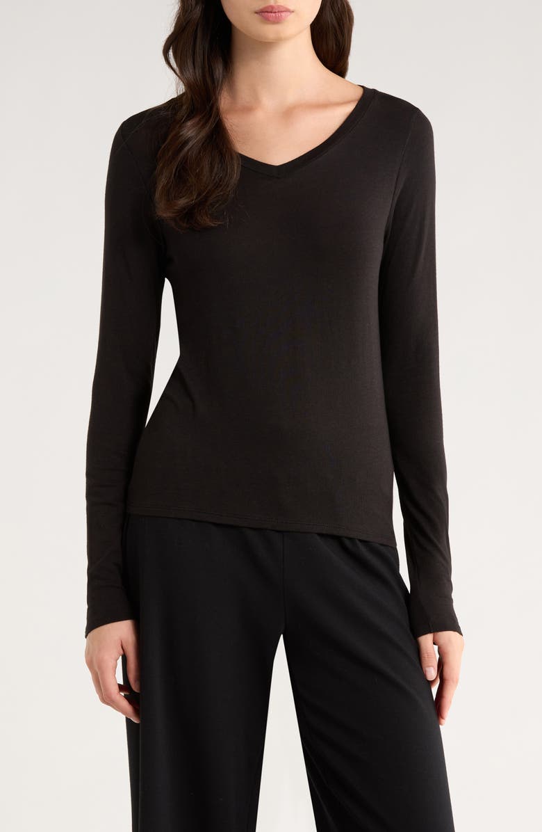 Eileen Fisher V-Neck Long Sleeve T-Shirt, Main, color, Black