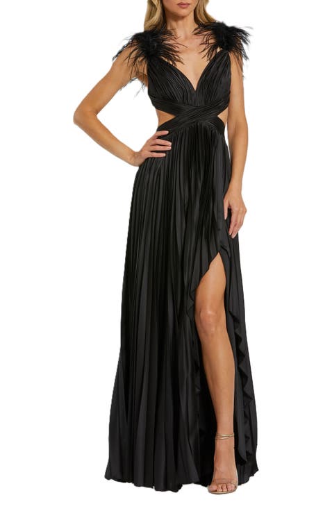 Pleated Feather Cap Sleeve Open Back Gown