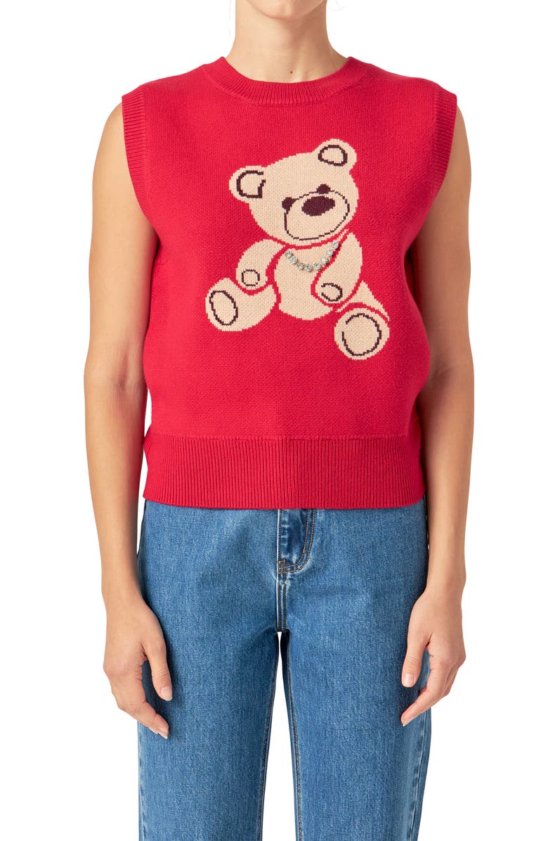 English Factory Rhinestone Detail Teddy Bear Sweater Vest, Alternate, color, Cranberry