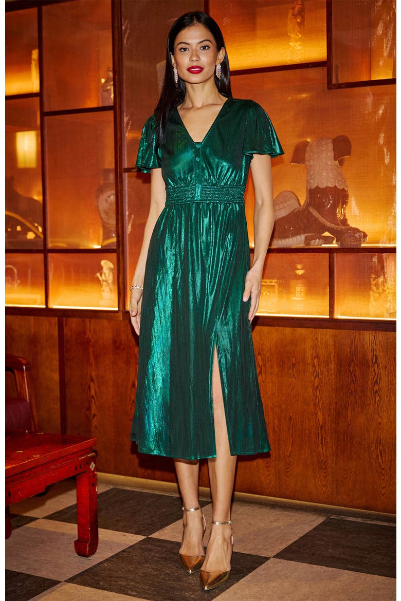Metallic Ruched Midi Dress, Alternate, color, Green