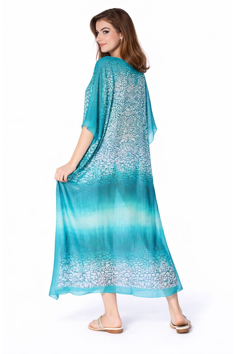 Animal Print V-Neck Maxi Caftan, Alternate, color, AQUA BLUE