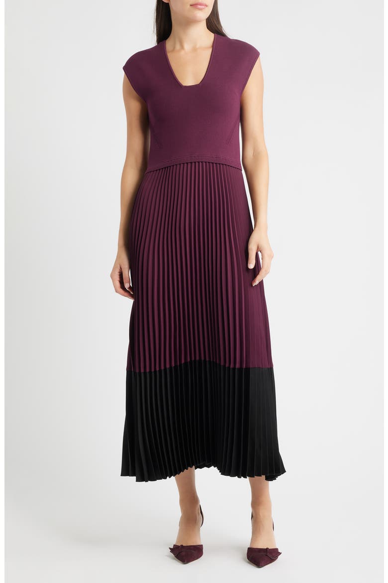 Flissani Pleated Mixed Media A-Line Dress, Main, color, DK PRPLE