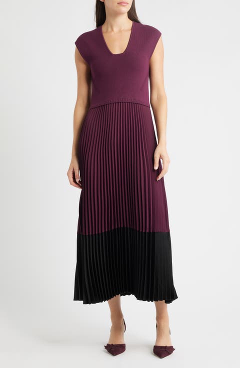 Flissani Pleated Mixed Media A-Line Dress
