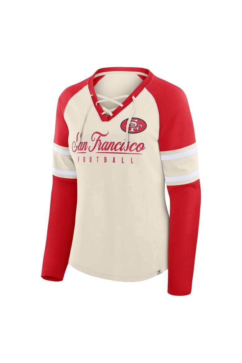 Women's Fanatics Cream/Scarlet San Francisco 49ers Hometown Gridiron Hero Raglan Lace-Up V-Neck Long Sleeve T-Shirt, Alternate, color, Cream