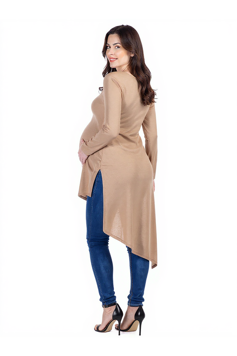 Long Sleeve Knee Length Asymmetrical Maternity Tunic Top, Alternate, color, Taupe