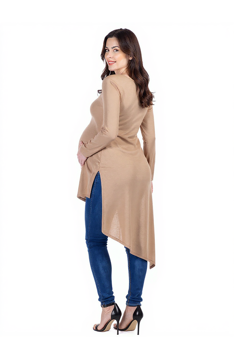 24seven Comfort Apparel Long Sleeve Knee Length Asymmetrical Maternity Tunic Top, Alternate, color, Taupe