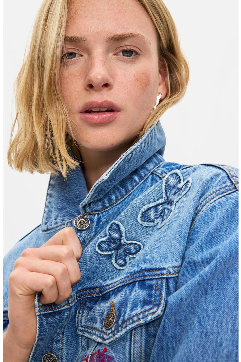 Embroidered Detail Denim Trucker Jacket, Alternate, color, MEDIUM BLUE
