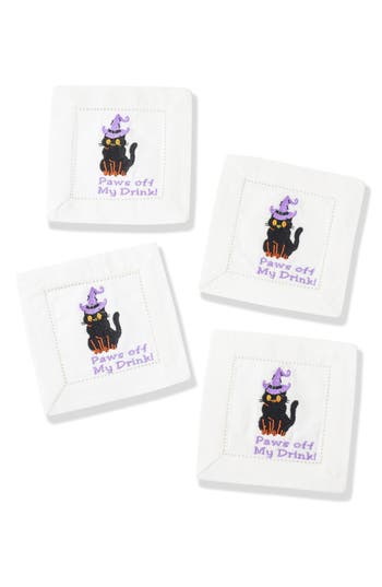 Tiramisu Paws Off My Drink Embroidered Linen Cocktail Napkins In White