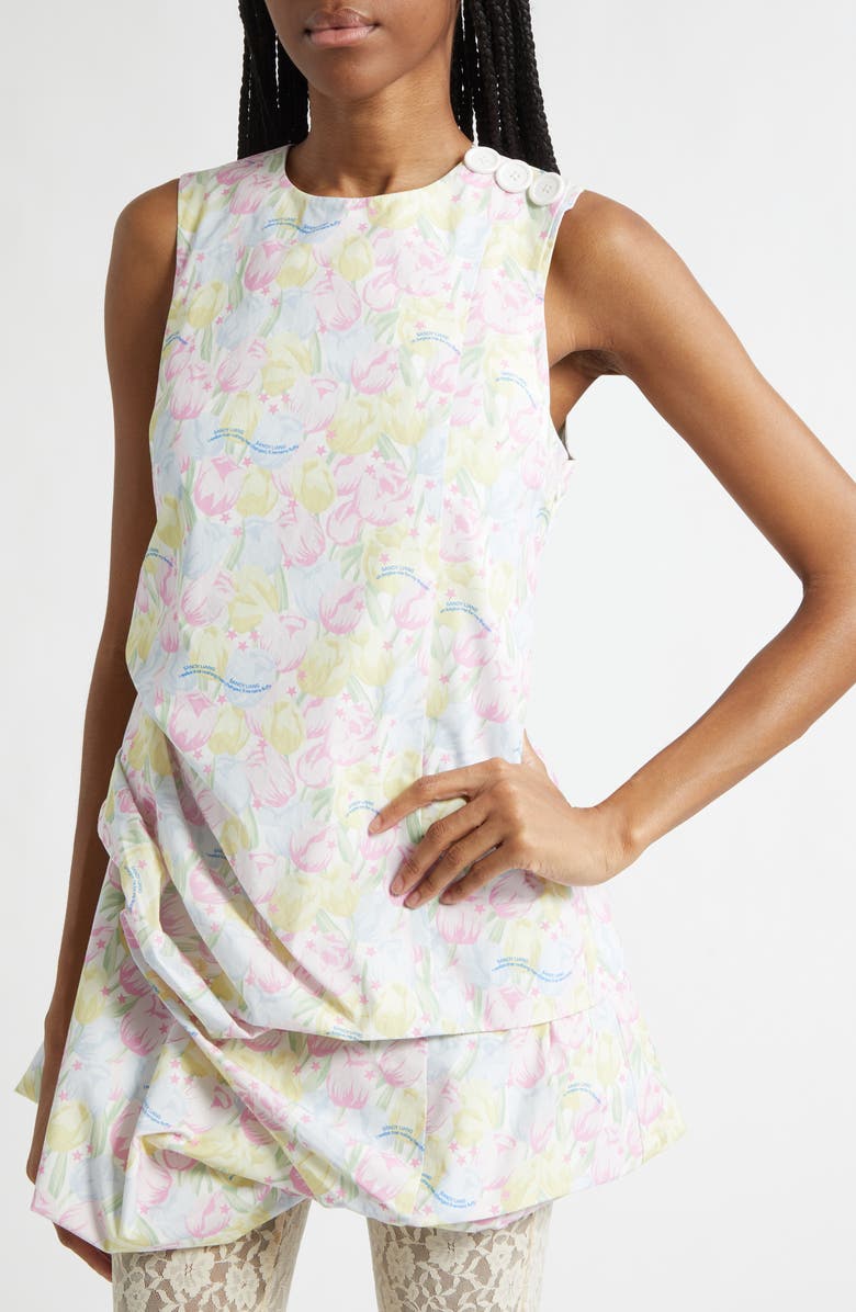 Sandy Liang Gingko Tulip Print Ruched Cotton Dress, Alternate, color, Pink Multi