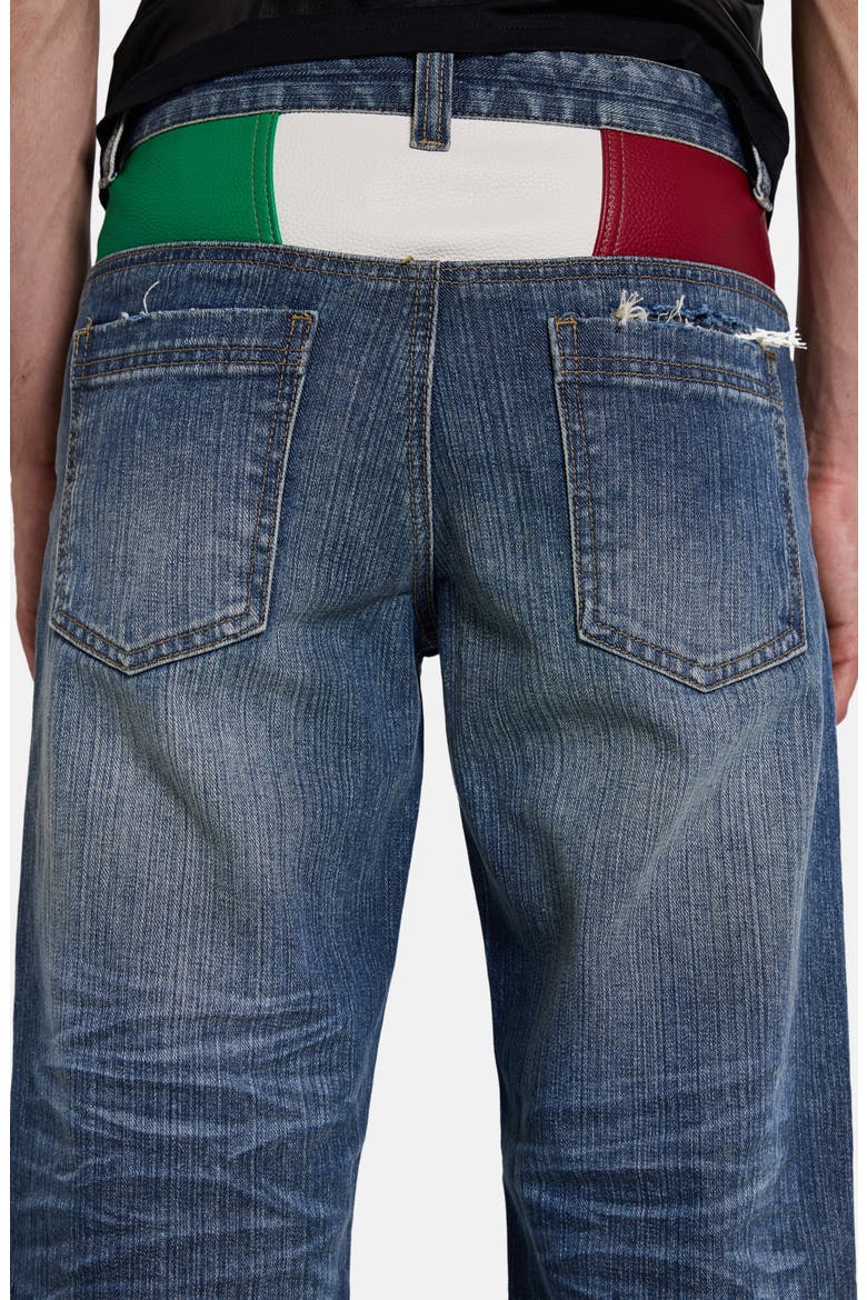 Distressed Straight Leg Jeans with Faux Leather Italy Flag Panel, Alternate, color, DENIM