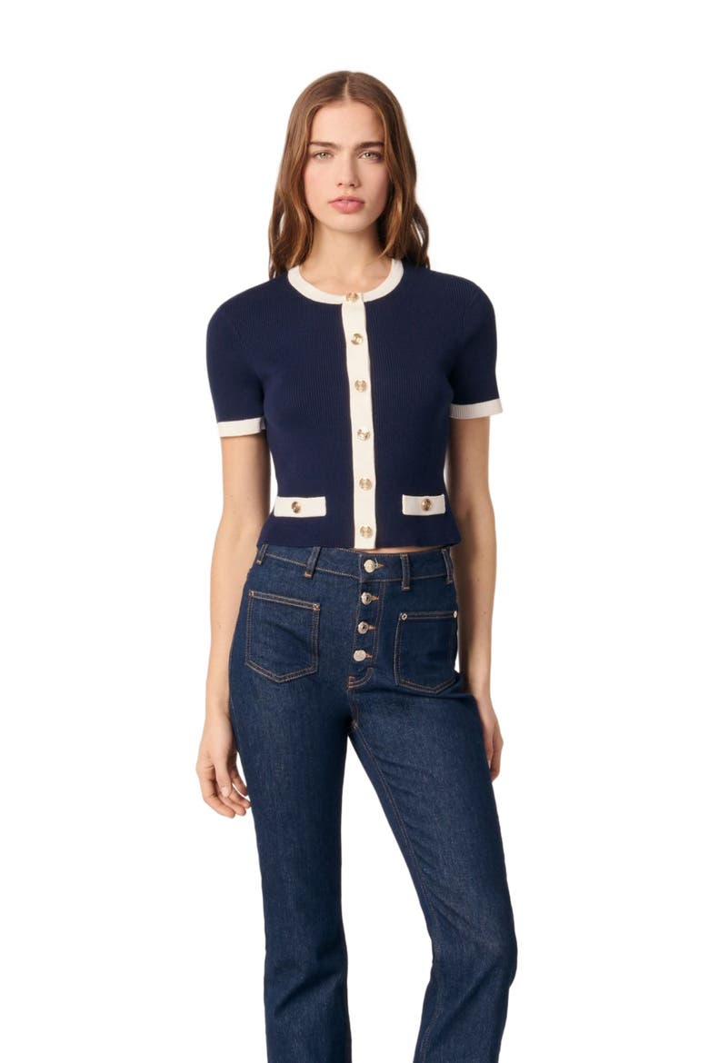 Cropped short sleeve cardigan, Main, color, Navy / ecru