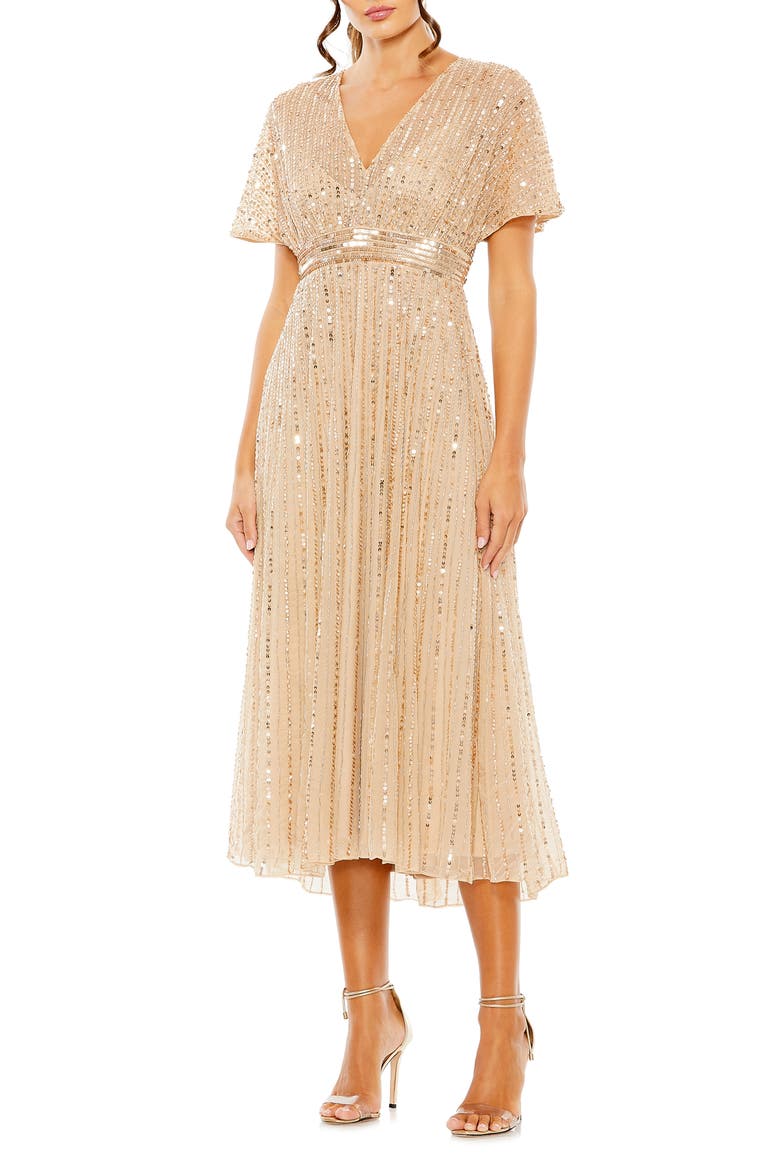 Empire Waist Embellished Short Sleeve Dress, Main, color, TAUPE