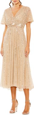 Mac Duggal Empire Waist Embellished Short Sleeve Dress