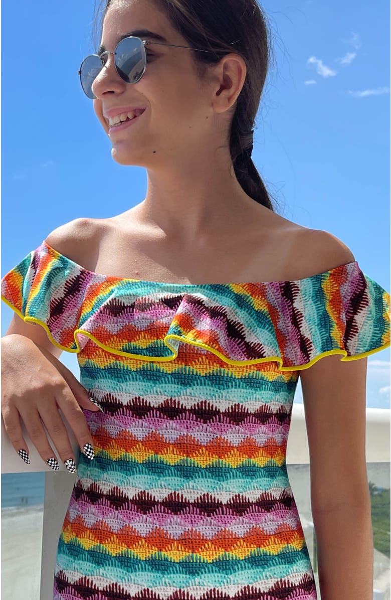 NESSI BYRD Kids' Off-Shoulder Ruffled One Piece Swimsuit, Alternate, color, Multicolor