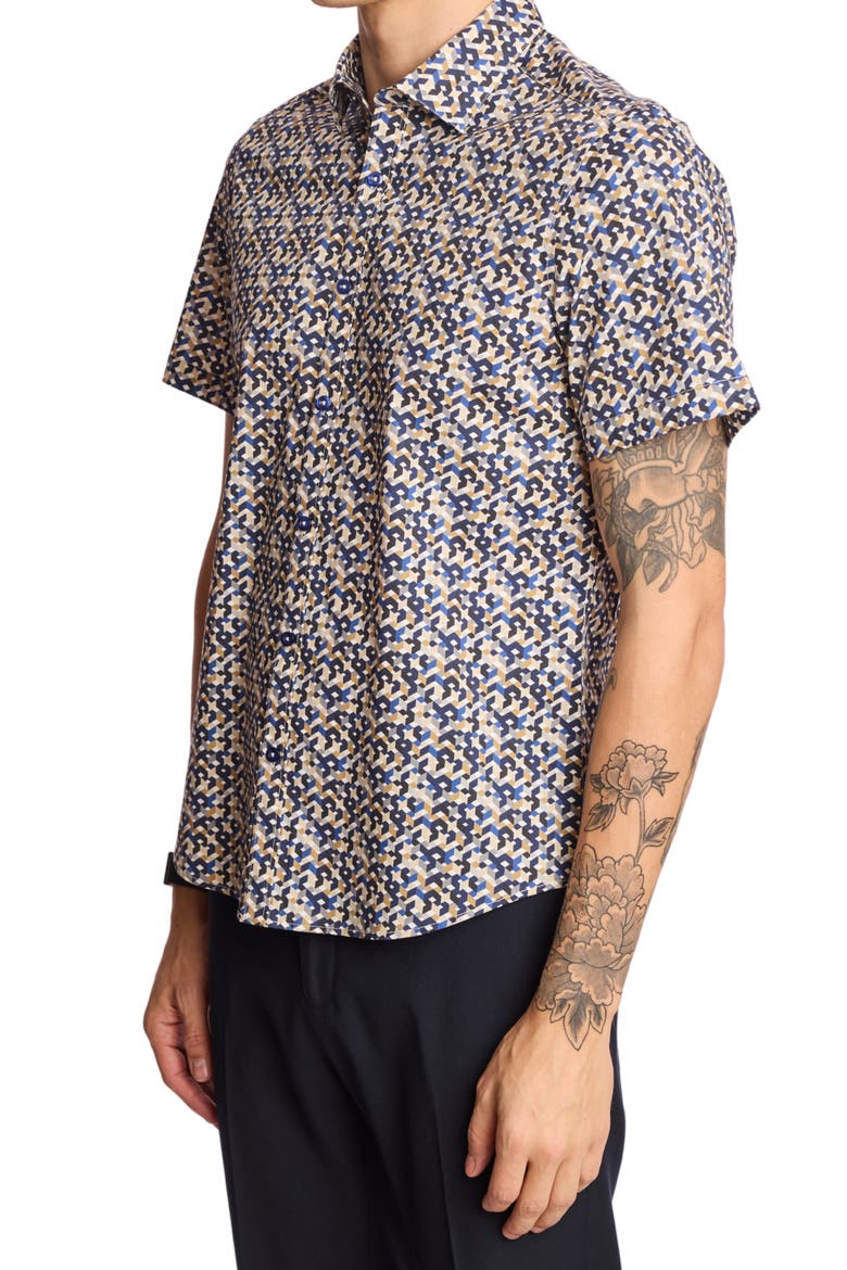 Sawyer Trim Fit Geometric Short Sleeve Button-Up Shirt, Alternate, color, NAVY TAN GEO