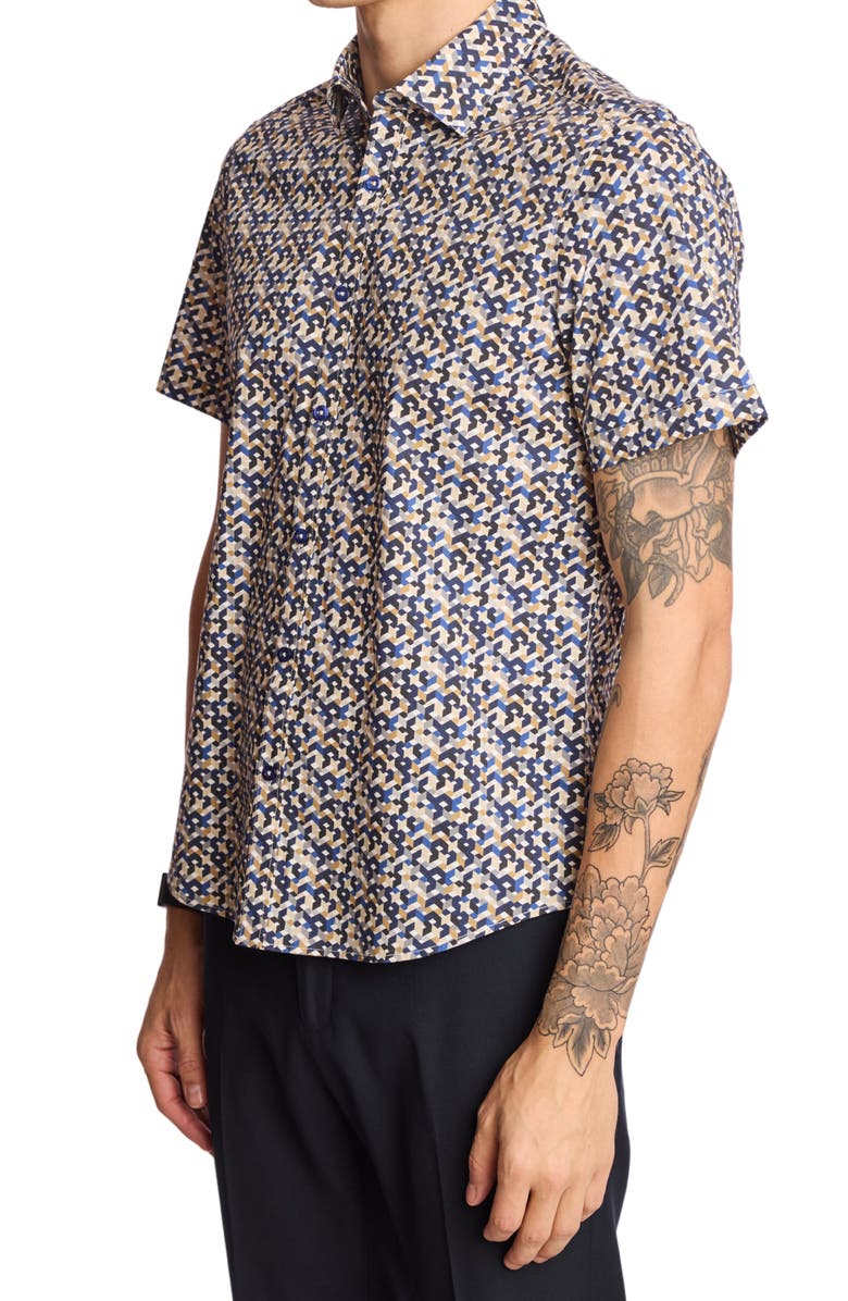 PAISLEY & GRAY Sawyer Trim Fit Geometric Short Sleeve Button-Up Shirt, Alternate, color, Navy Tan Geo