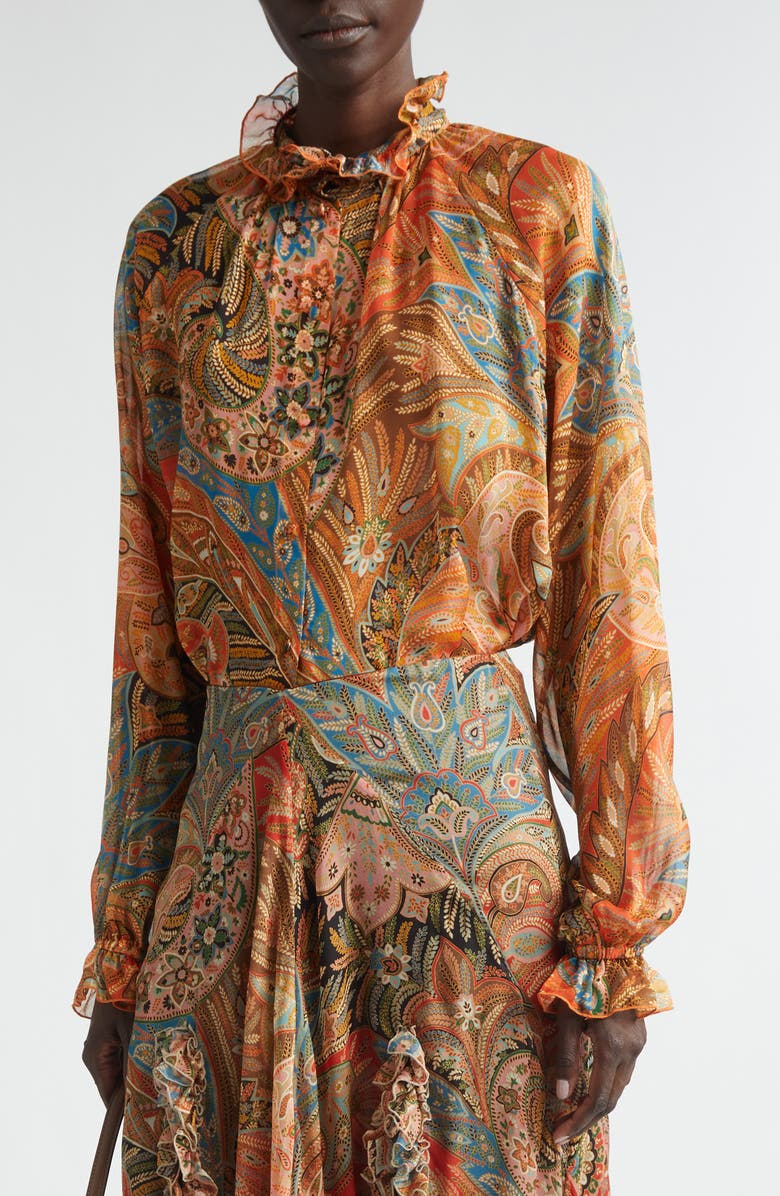 Etro Paisley Frill Collar Silk Button-Up Shirt, Alternate, color, Printed Red
