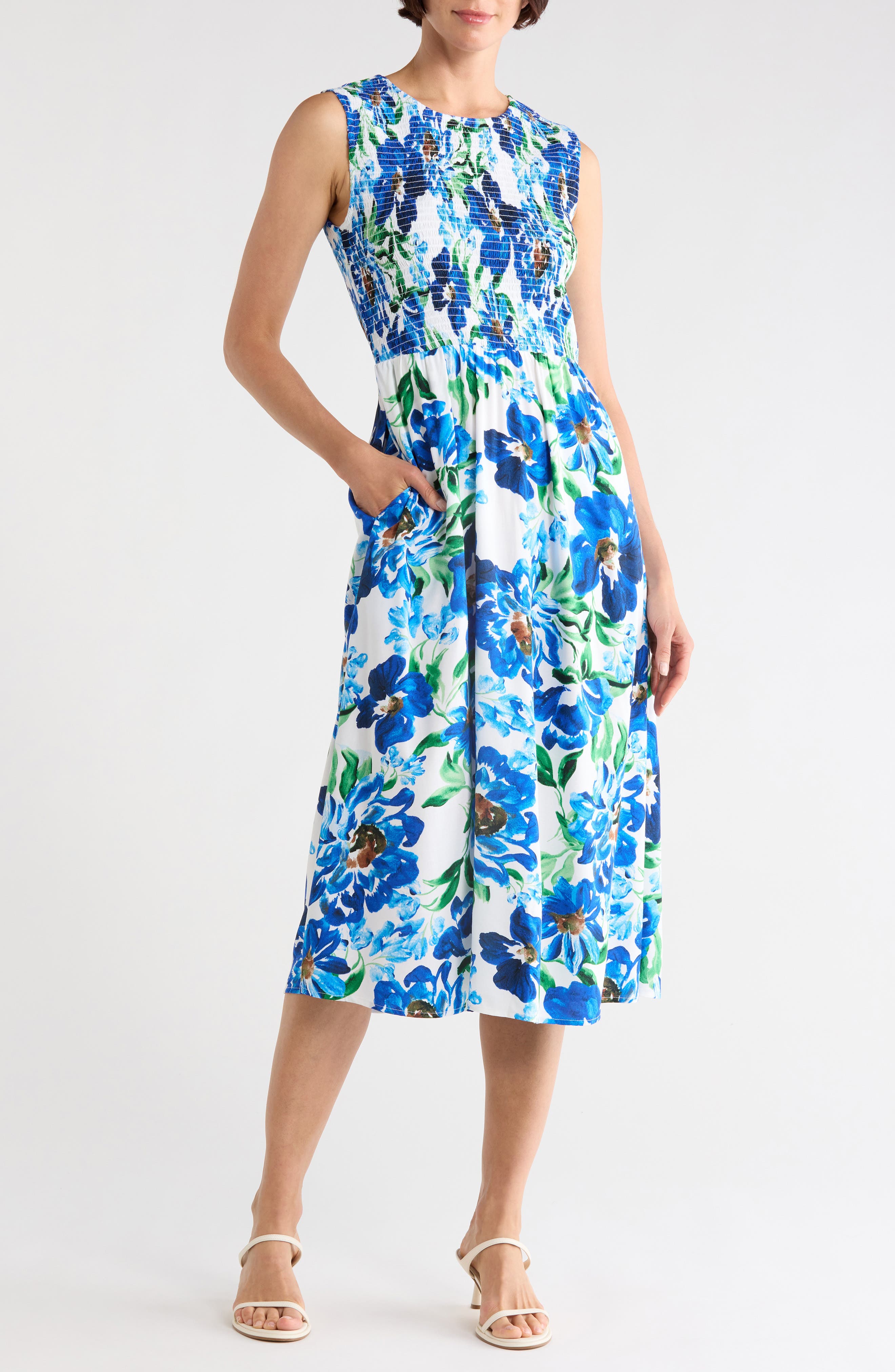 Smocked Sleeveless Midi Dress