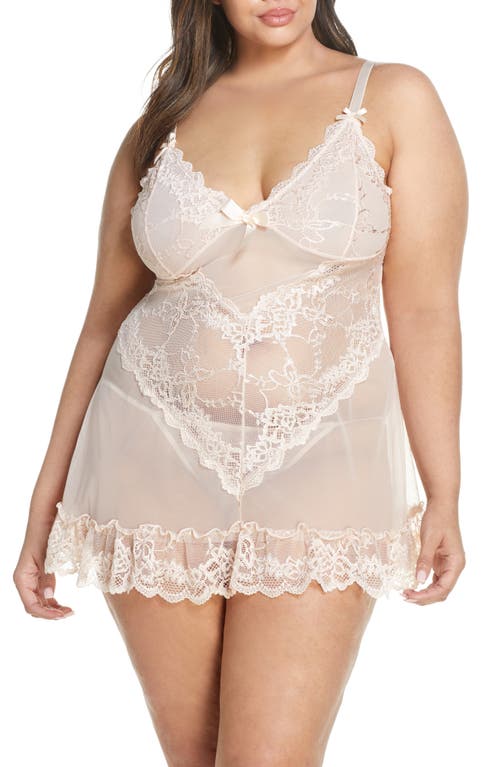 Oh La La Cheri Valentine Soft Cup Babydoll Chemise & G-String Thong in Silver Peony at Nordstrom, Size 1X