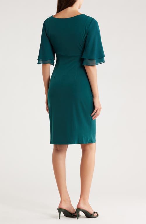 Connected Apparel Chiffon Sleeve Faux Wrap Dress In Blue