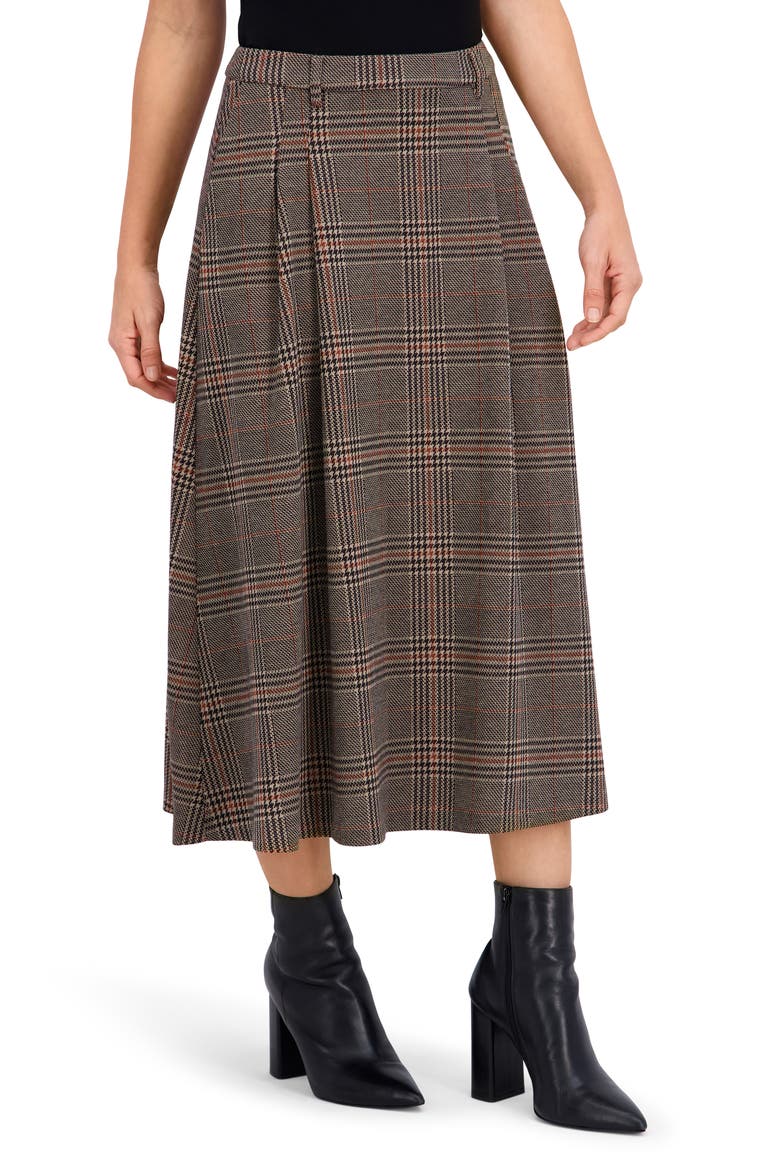 Plaid Pleated Midi Skirt, Alternate, color, BLACK/ BROWN/ CAMEL