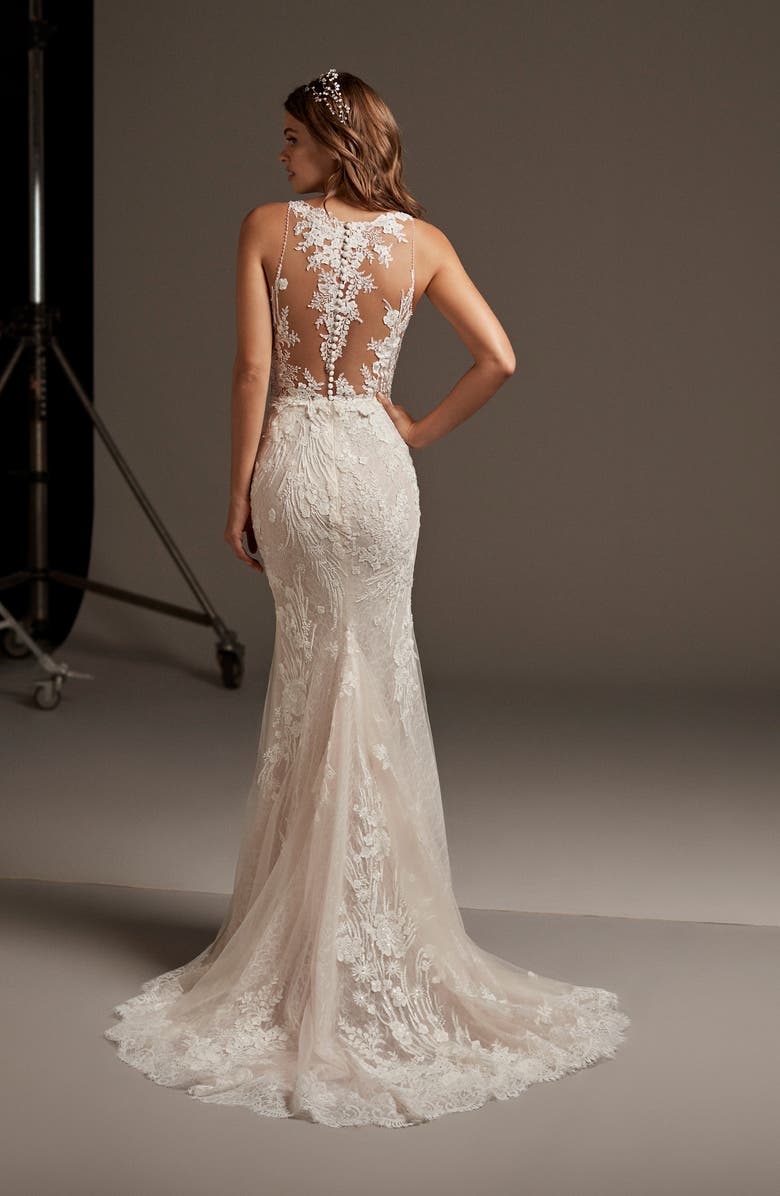 Pronovias Eos Lace Trumpet Wedding Dress, Alternate, color,