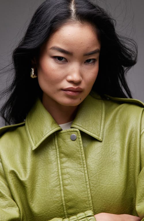 Topshop Textured Faux Leather Crop Bomber Jacket In Green