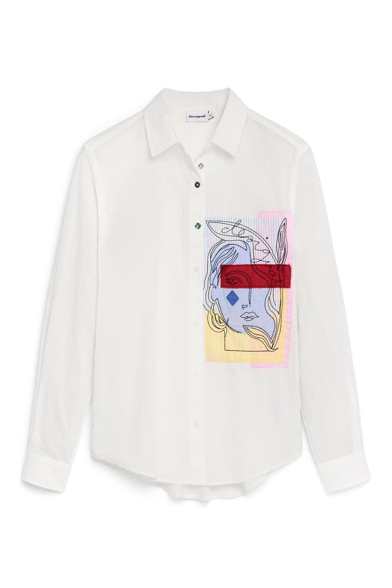 Embroidered Patch Cotton Button Down Shirt, Alternate, color, WHITE