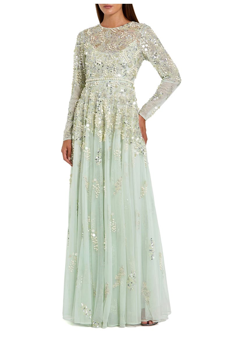 Mac Duggal Long Sleeve Sequin and Pearl Embellished Gown, Main, color, Sage