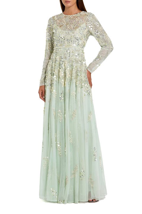 Long Sleeve Sequin and Pearl Embellished Gown