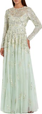 Mac Duggal Long Sleeve Sequin and Pearl Embellished Gown