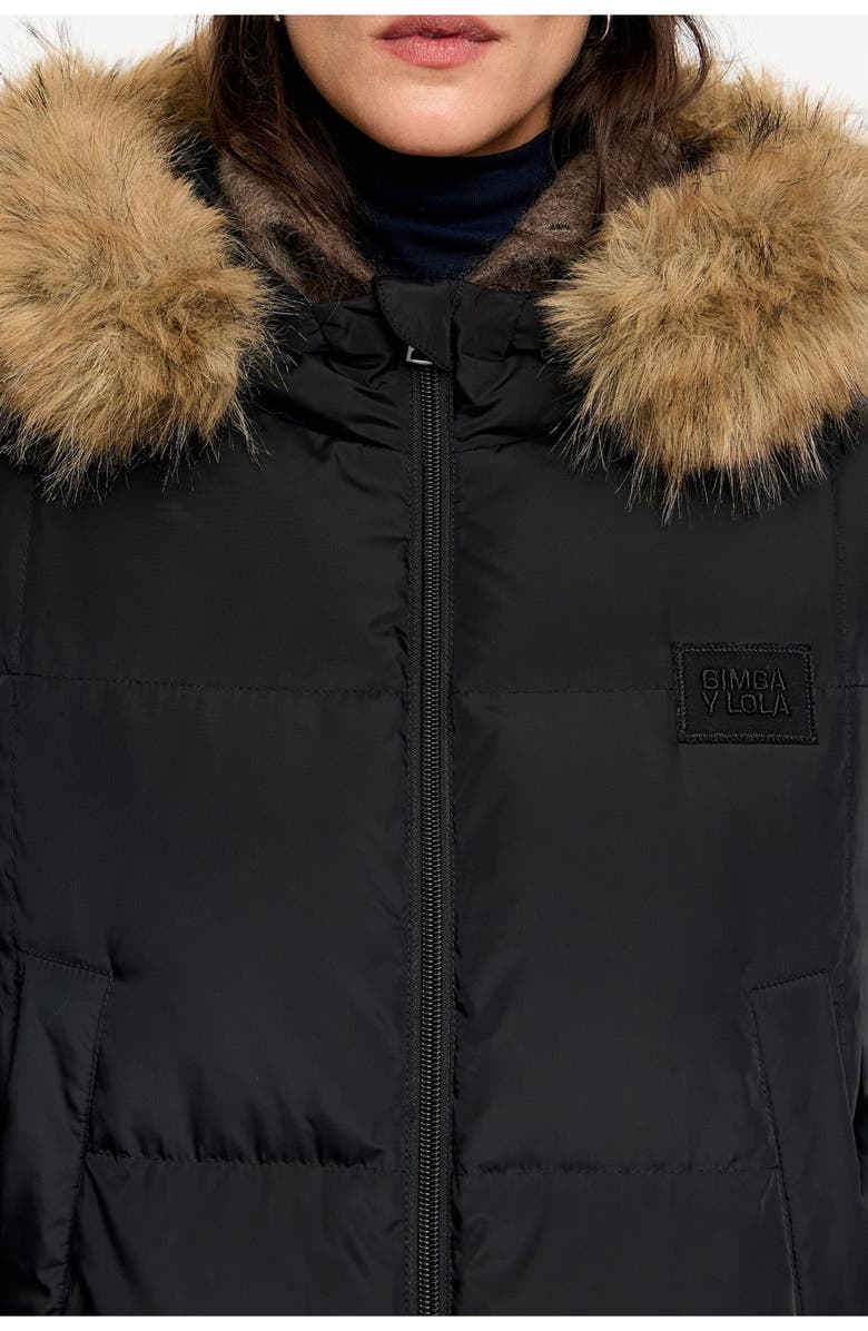 Bimba y Lola Tailored Down Coat With Fur Hood, Alternate, color, Black