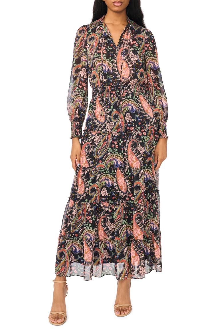 Long Sleeve Tiered Maxi Dress, Main, color, PINK MULTI