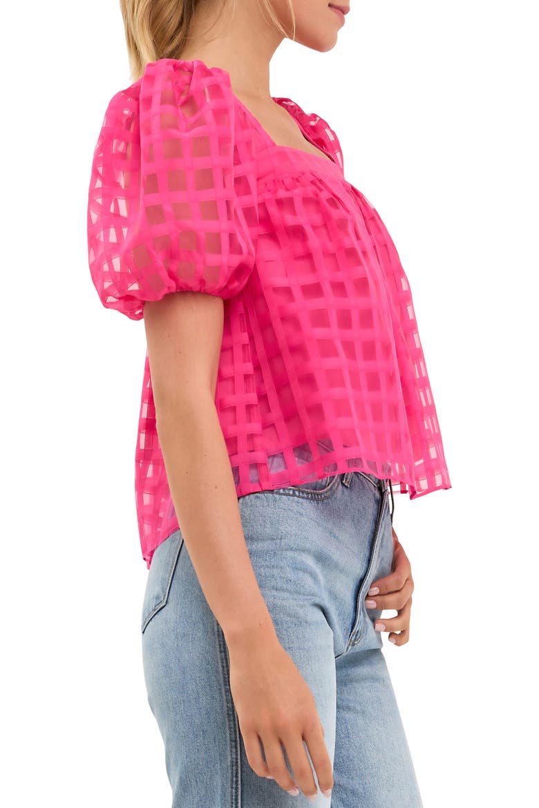 Grid Pattern Puff Sleeve Organza Top, Alternate, color, FUCHSIA