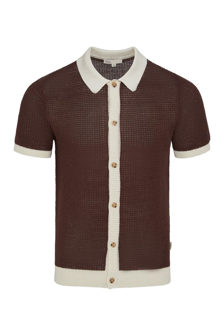 Linen Short Sleeve Button Up Sweater, Alternate, color, Espresso/Egret