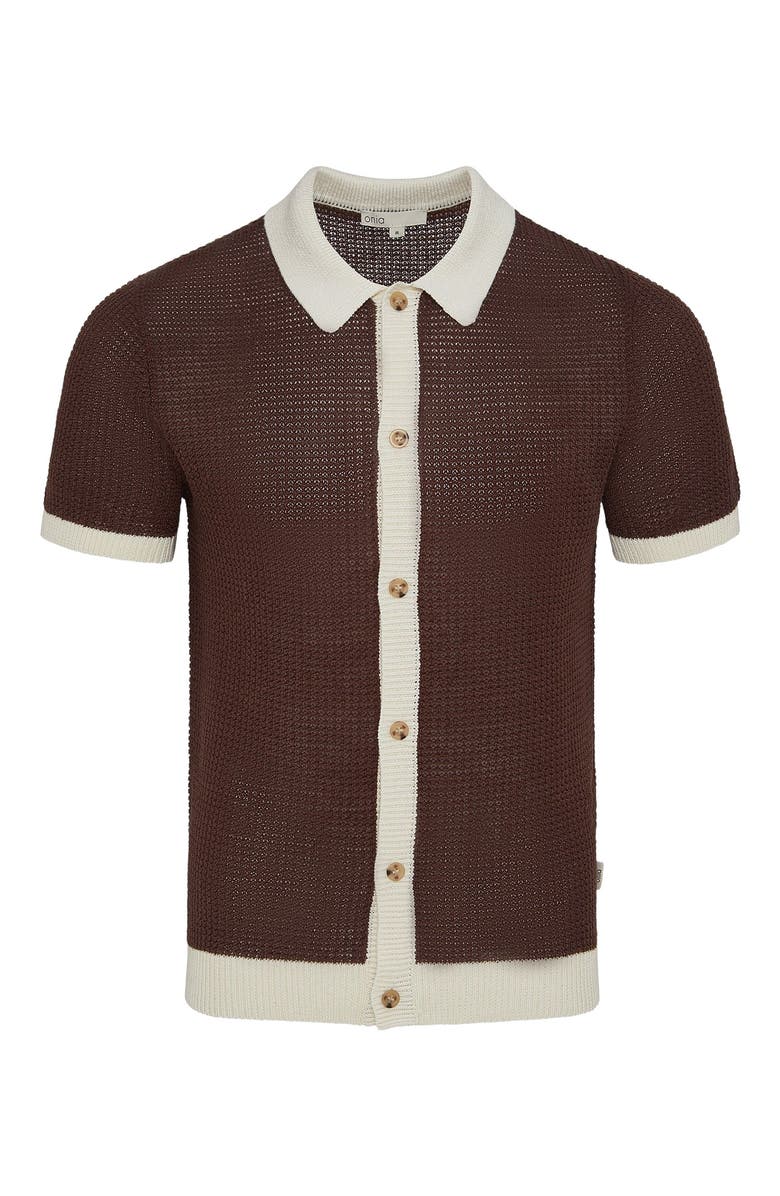 Onia Linen Short Sleeve Button Up Sweater, Alternate, color, Espresso/Egret