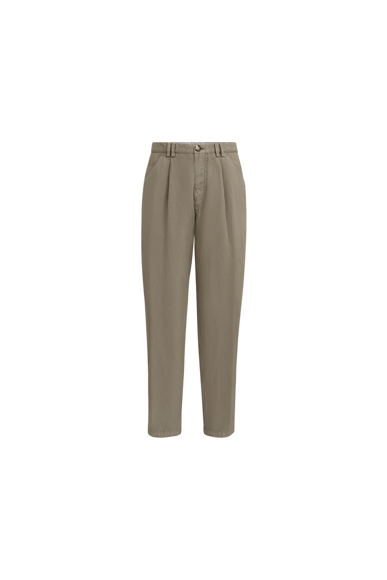 Garment-dyed trousers in cotton and linen canvas with pleat, Alternate, color, Military