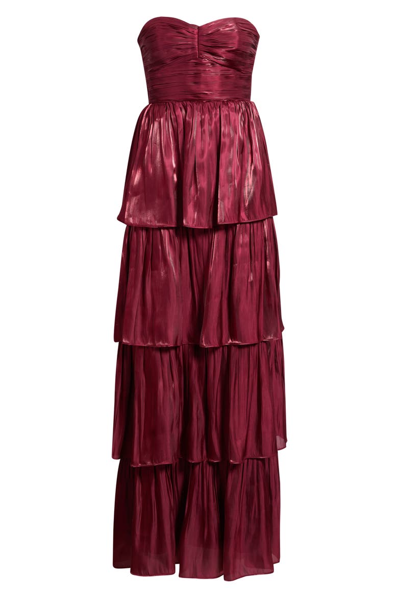 Bella Strapless Tiered Satin Gown, Alternate, color, BURGUNDY