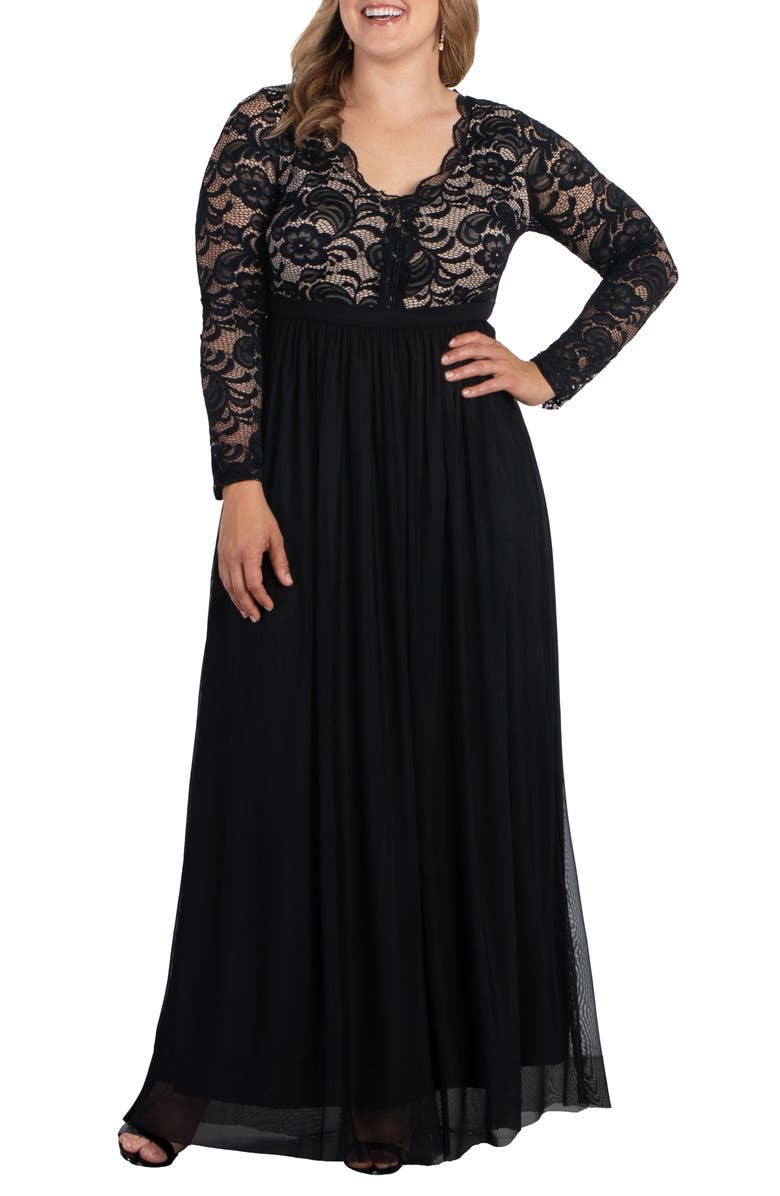 Kiyonna Jasmine Lace Bodice Long Sleeve Maxi Dress, Main, color,